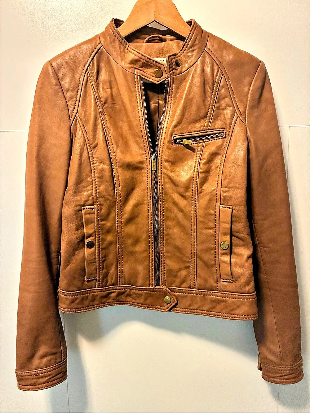 Kenneth Cole New York Leather Moto Jacket in Camel Brown Size Small Like New